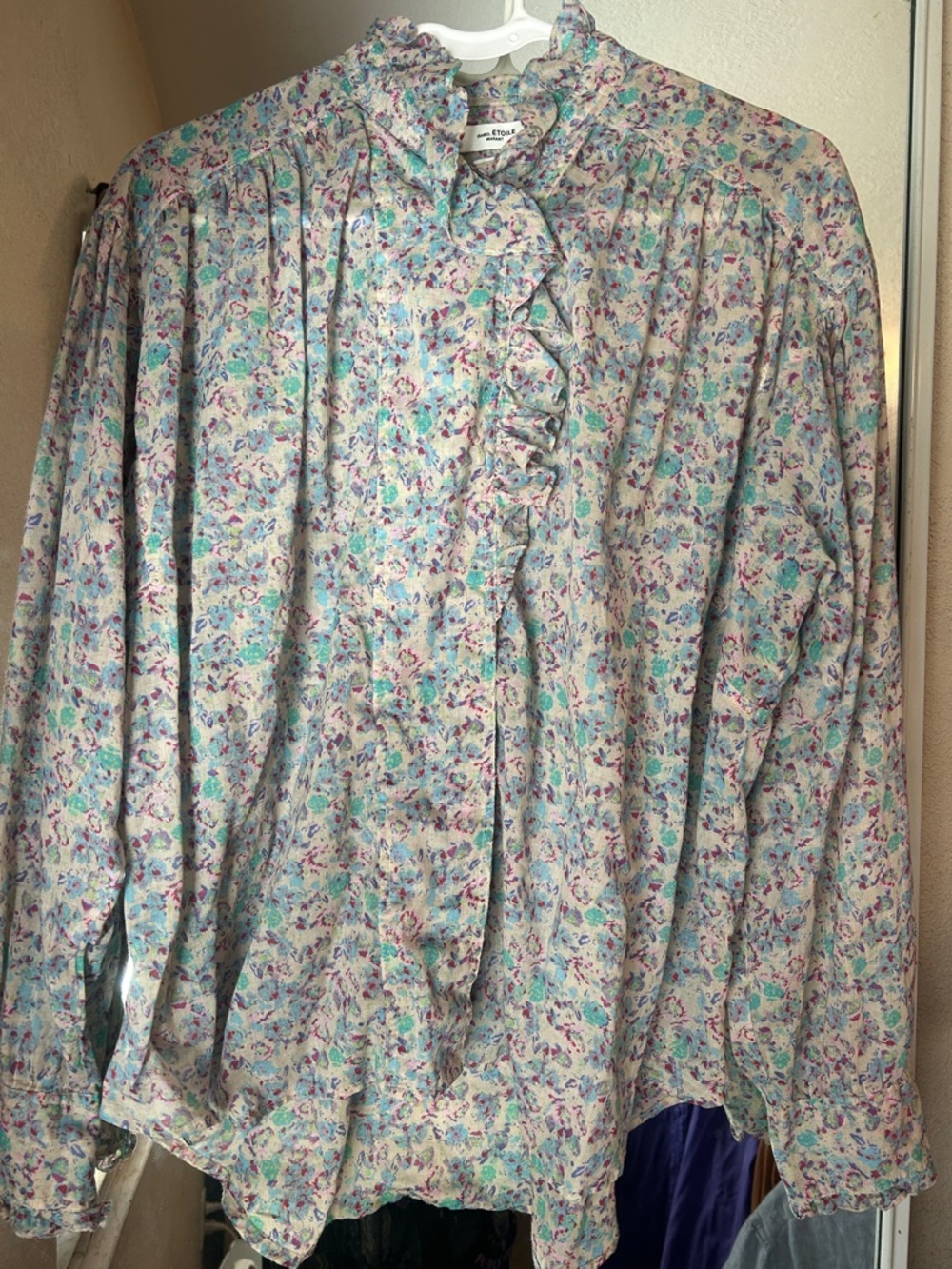 Isabel Marant Women’s Floral Ruffle-Neck Blouse in Mint and Lavender